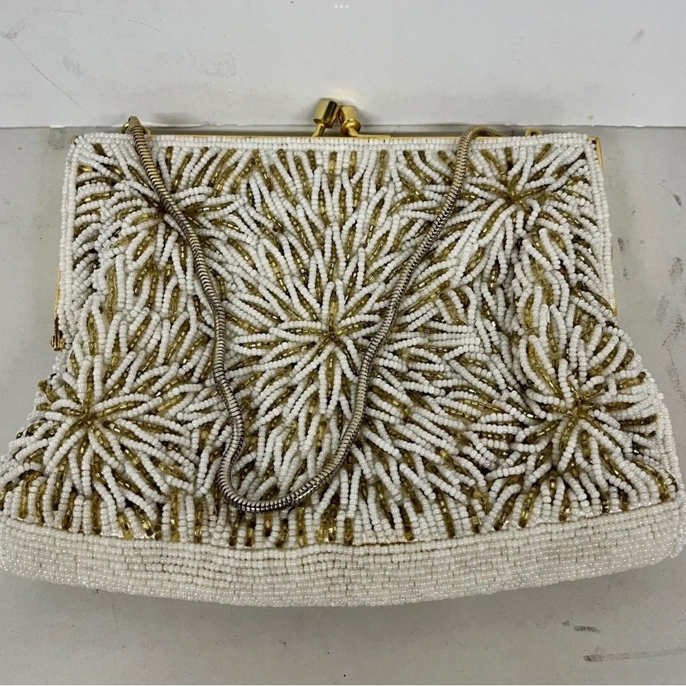 Vintage French handmade White Beaded Clutch with Gold Floral Burst - Picture 2 of 9